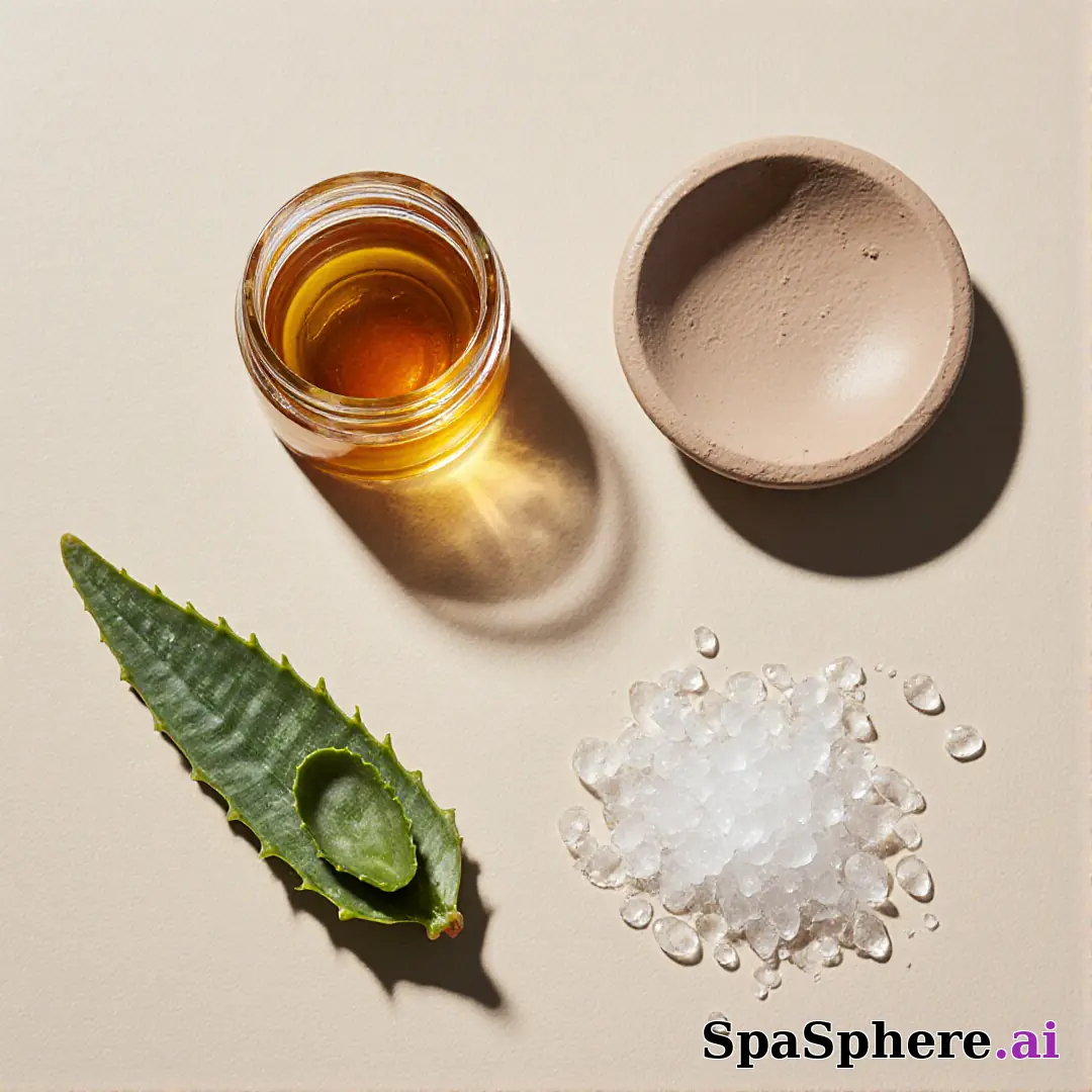 Aloe, honey, and clay ingredient spa flatlay – educational skincare visuals. (17) [1080x1080]