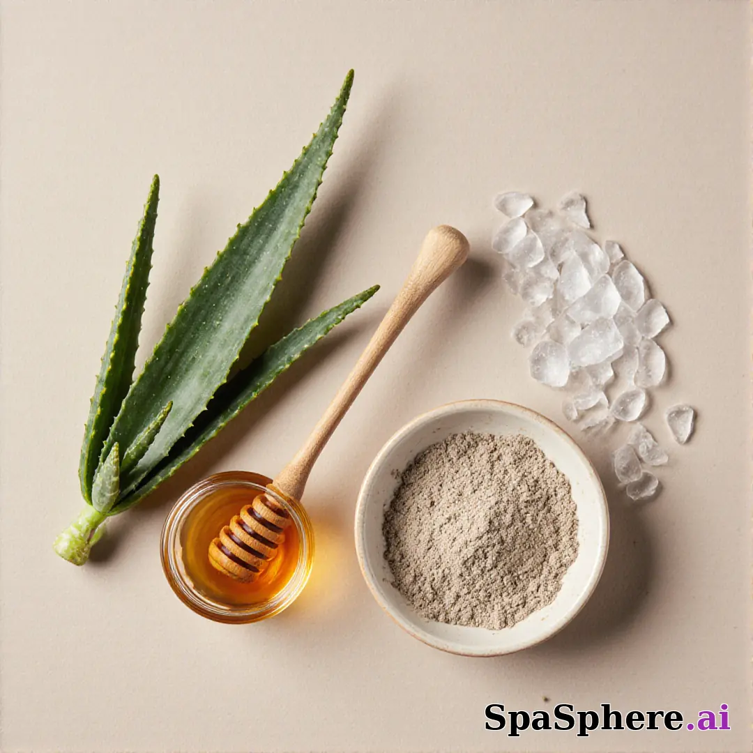 Aloe, honey, and clay ingredient spa flatlay – educational skincare visuals. (18) [1080x1080]