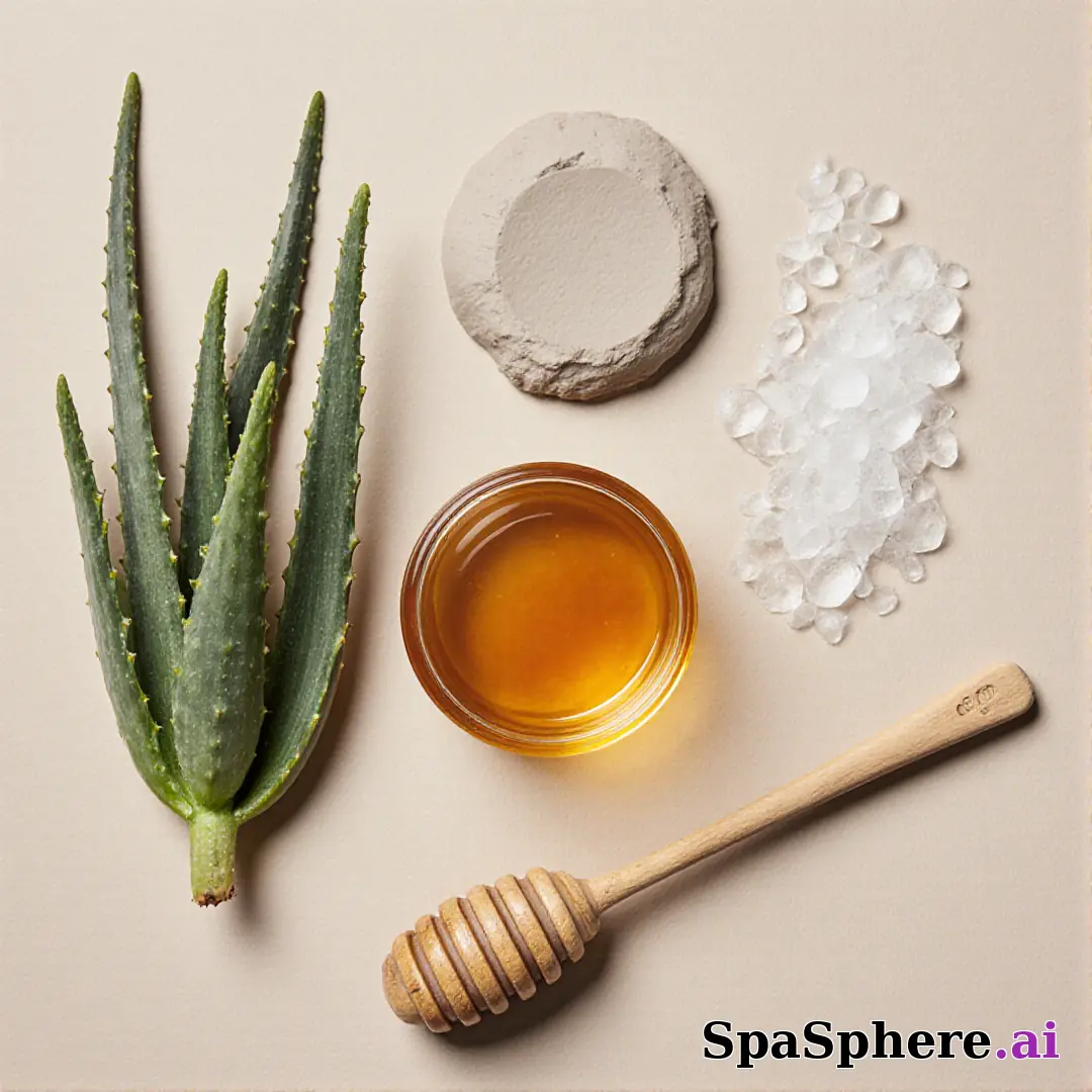 Aloe, honey, and clay ingredient spa flatlay – educational skincare visuals. (19) [1080x1080]