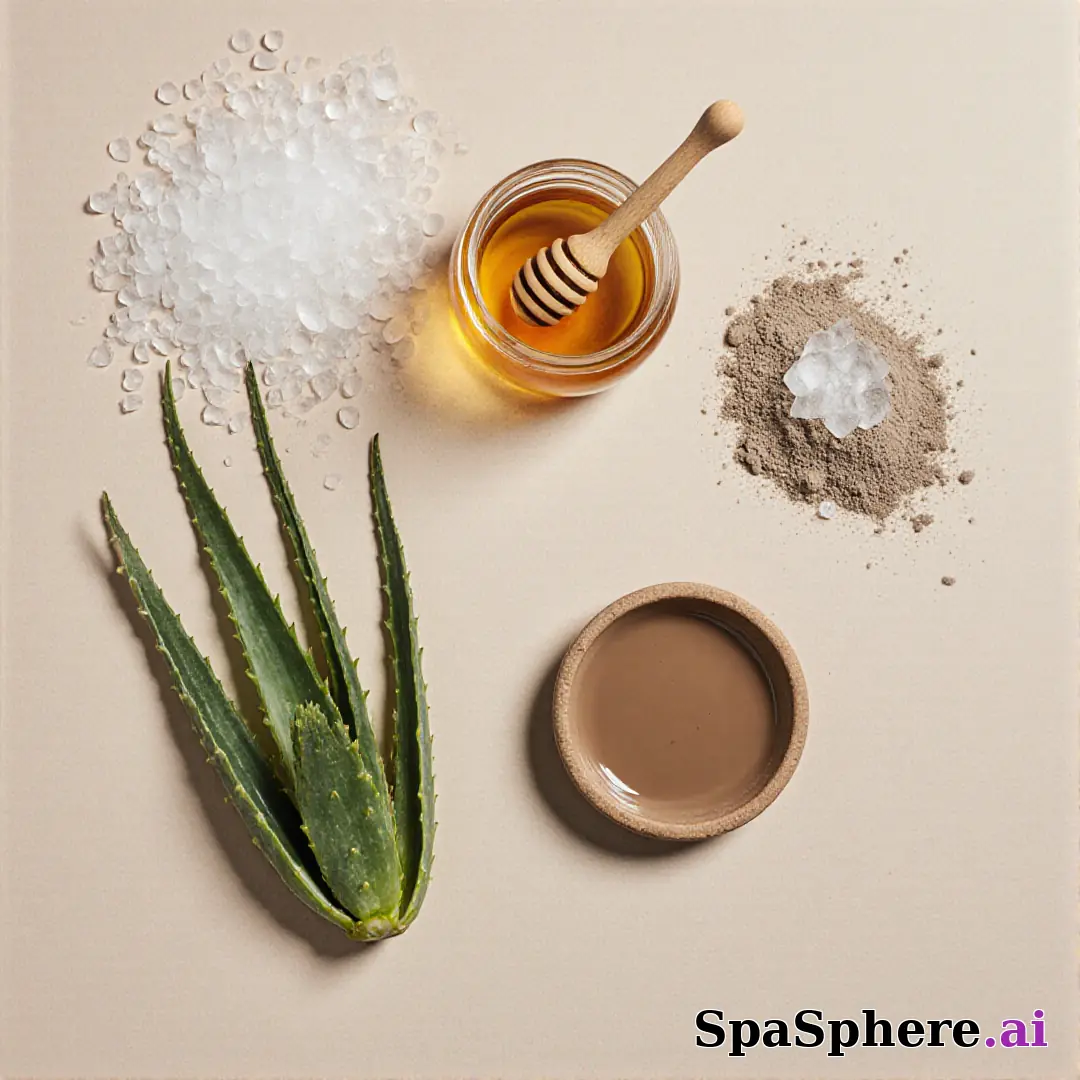 Aloe, honey, and clay ingredient spa flatlay – educational skincare visuals. (20) [1080x1080]