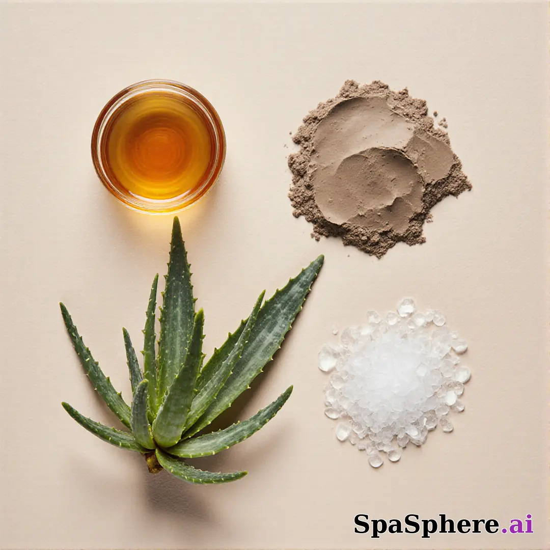 Aloe, honey, and clay ingredient spa flatlay – educational skincare visuals. (21) [1080x1080]