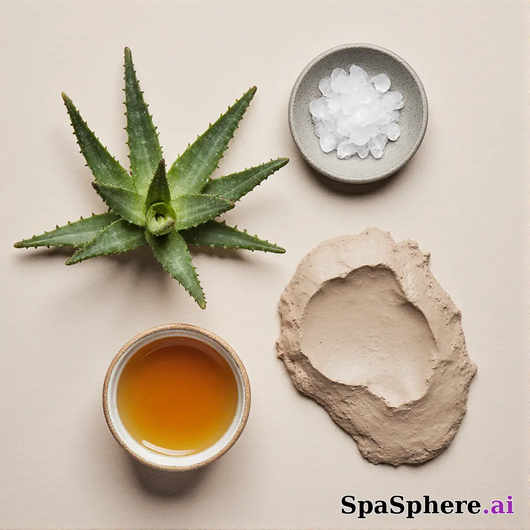 Aloe, honey, and clay ingredient spa flatlay – educational skincare visuals. (22) [1080x1080]