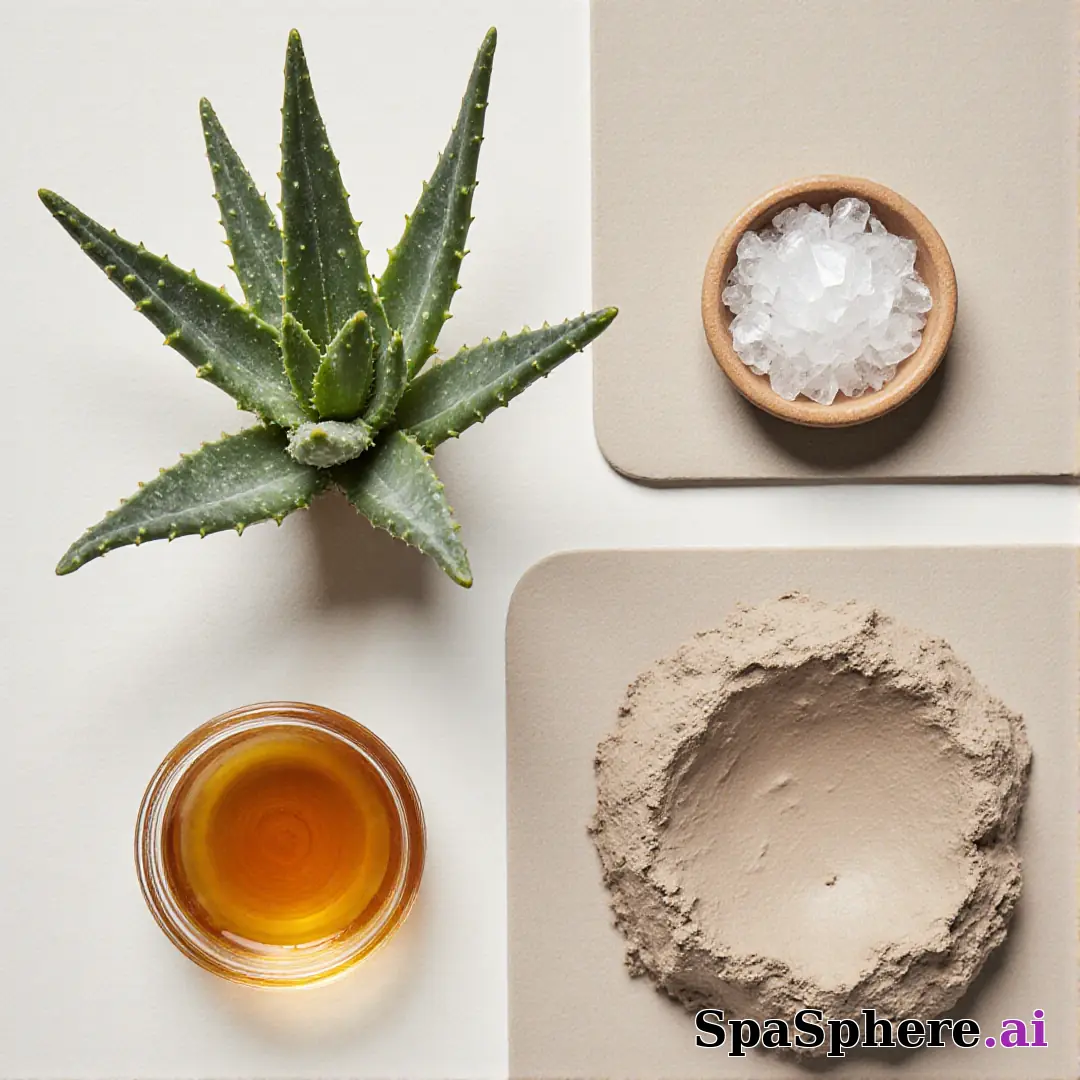 Aloe, honey, and clay ingredient spa flatlay – educational skincare visuals. (23) [1080x1080]