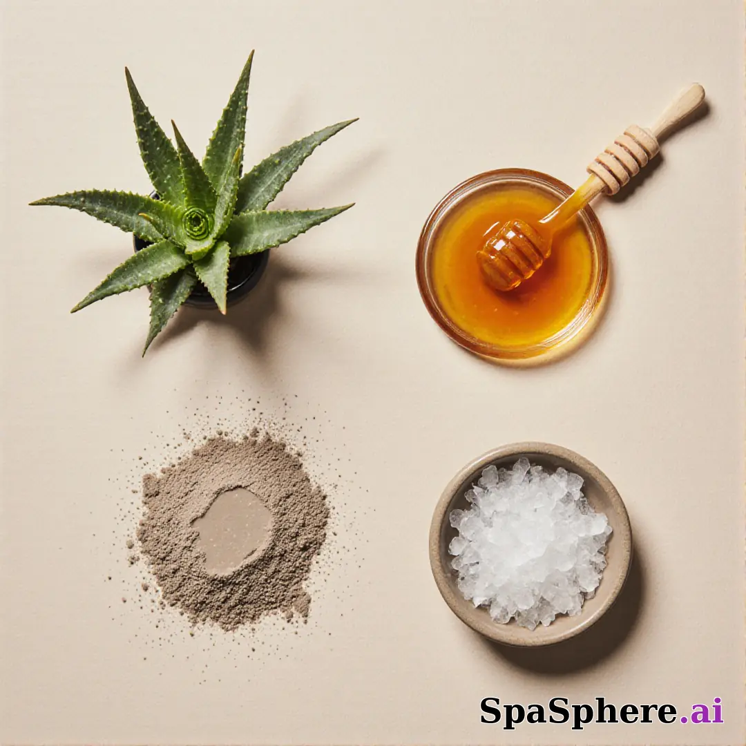 Aloe, honey, and clay ingredient spa flatlay – educational skincare visuals. (24) [1080x1080]