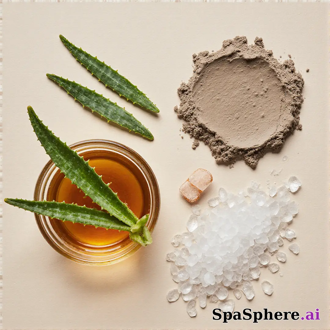 Aloe, honey, and clay ingredient spa flatlay – educational skincare visuals. (05) [1080x1080]