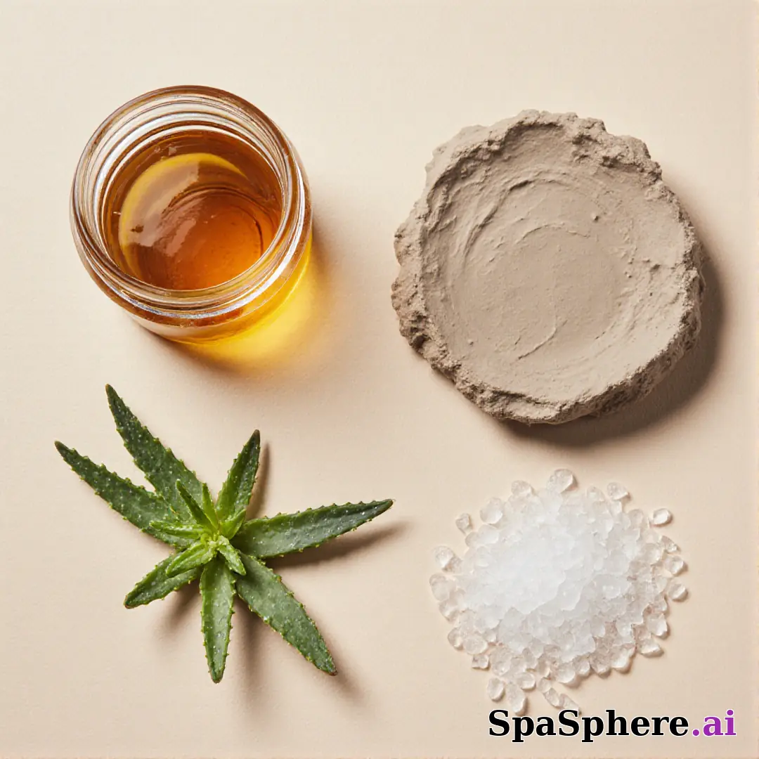 Aloe, honey, and clay ingredient spa flatlay – educational skincare visuals. (06) [1080x1080]