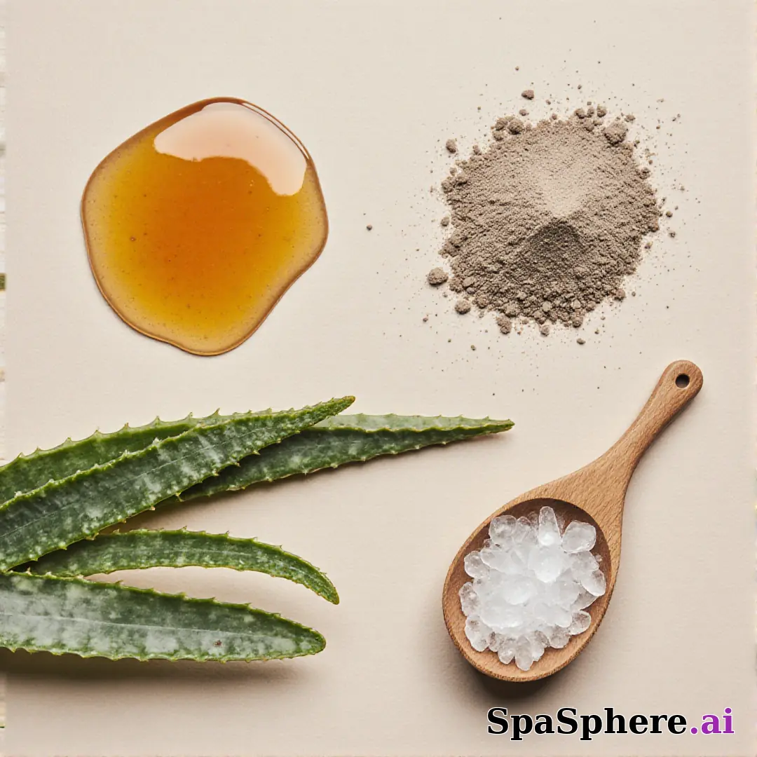 Aloe, honey, and clay ingredient spa flatlay – educational skincare visuals. (07) [1080x1080]