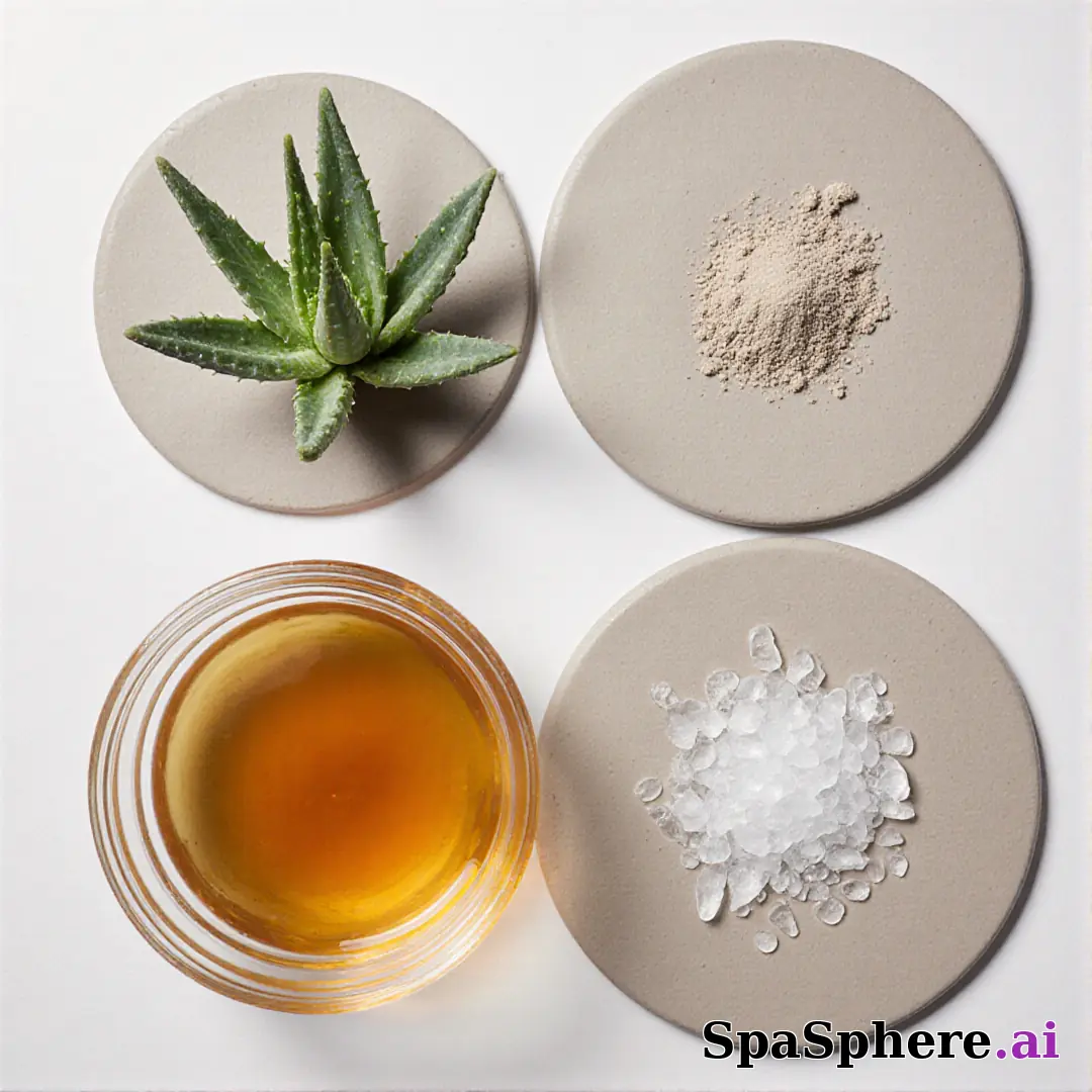 Aloe, honey, and clay ingredient spa flatlay – educational skincare visuals. (08) [1080x1080]