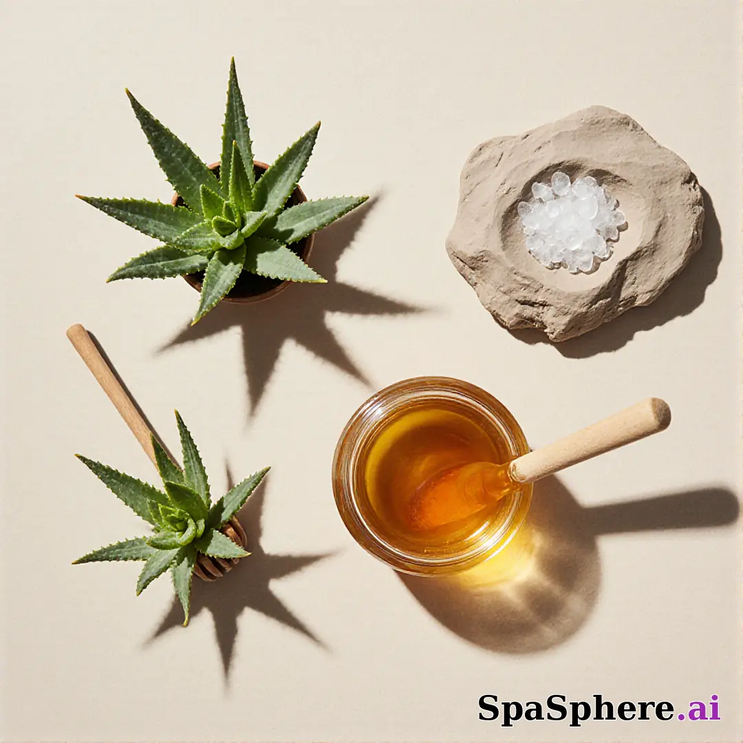 Aloe, honey, and clay ingredient spa flatlay – educational skincare visuals. (09) [1080x1080]