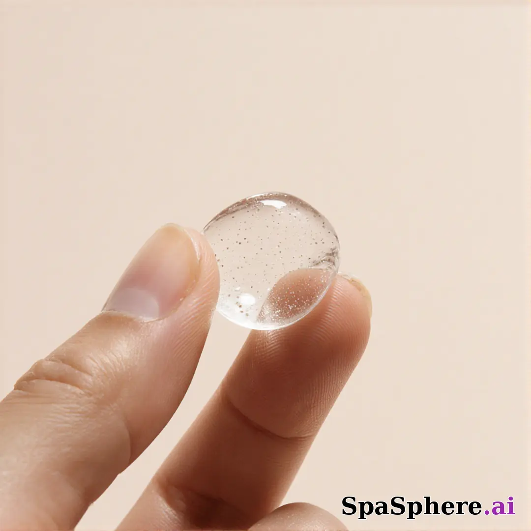 Close-up of fingertips with glossy skincare gel texture and clean negative space for ingredient callouts. (11) [1080x1080]