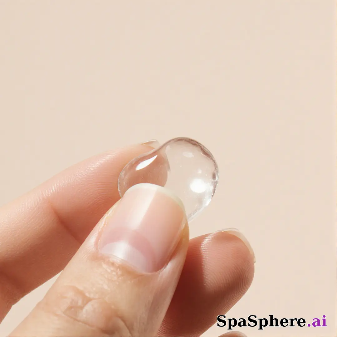 Close-up of fingertips with glossy skincare gel texture and clean negative space for ingredient callouts. (13) [1080x1080]