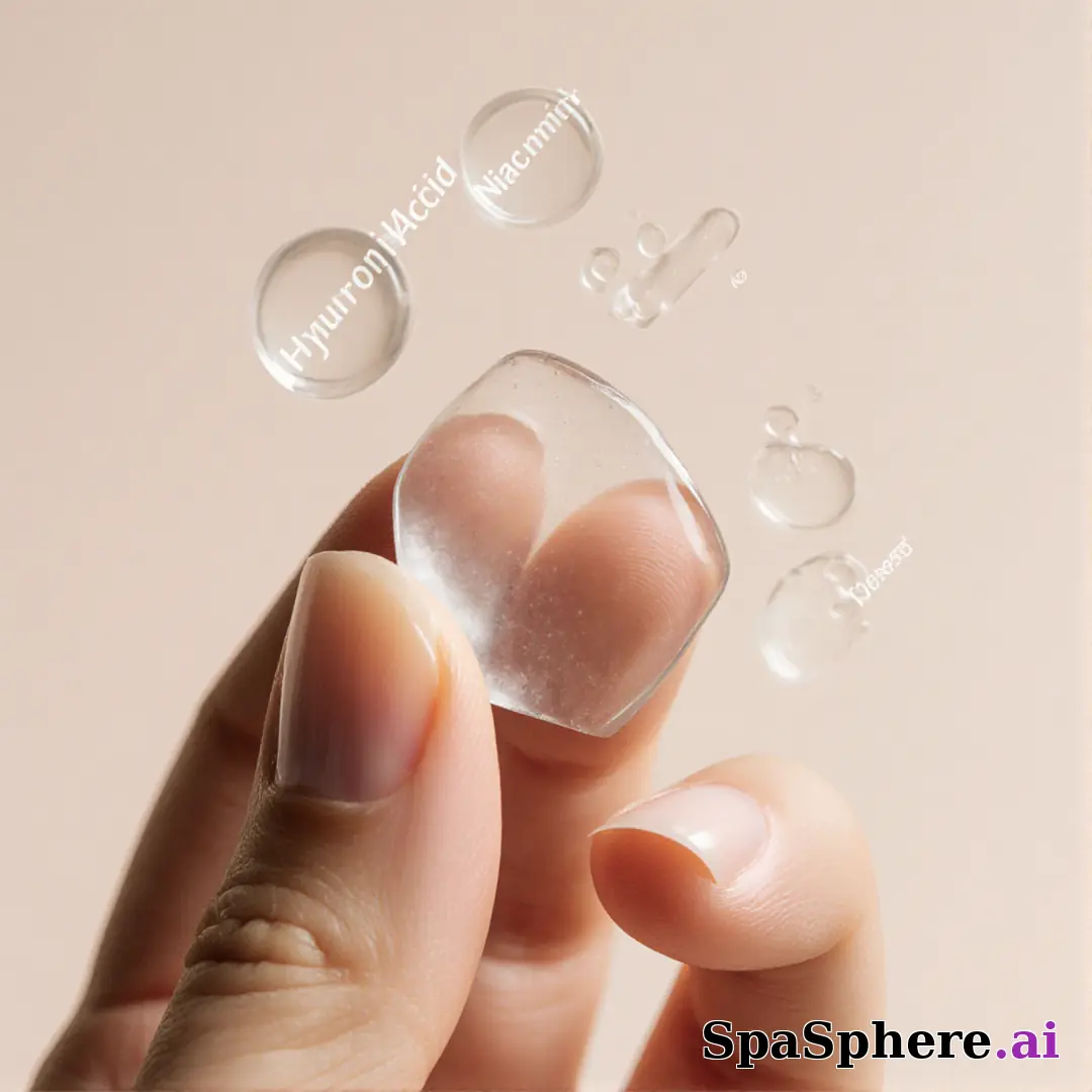 Close-up of fingertips with glossy skincare gel texture and clean negative space for ingredient callouts. (09) [1080x1080]