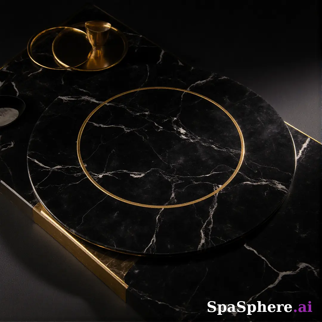 Black marble and gold accent spa flatlay – luxury aesthetic for high-end facials. (01) [1080x1080]