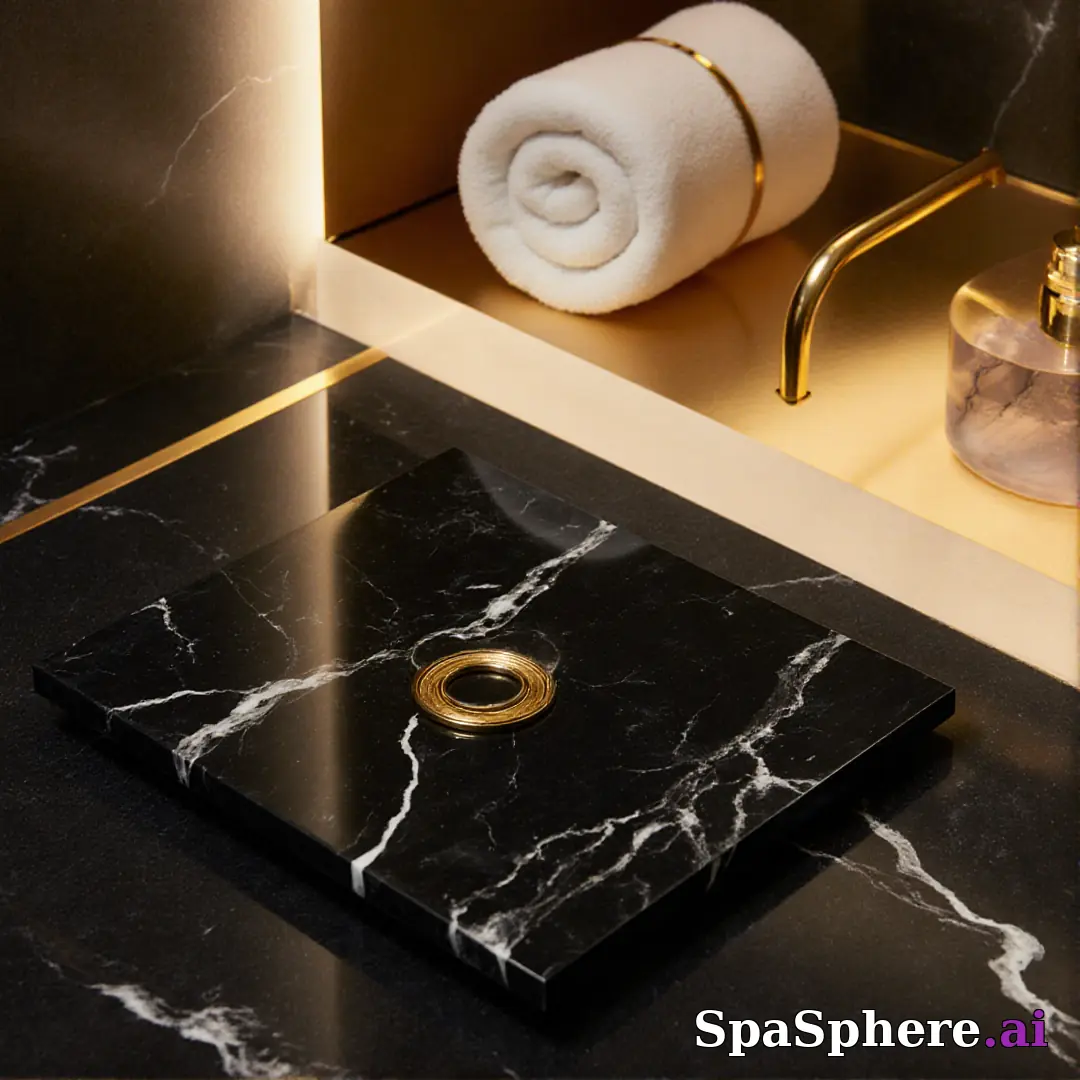 Black marble and gold accent spa flatlay – luxury aesthetic for high-end facials. (11) [1080x1080]
