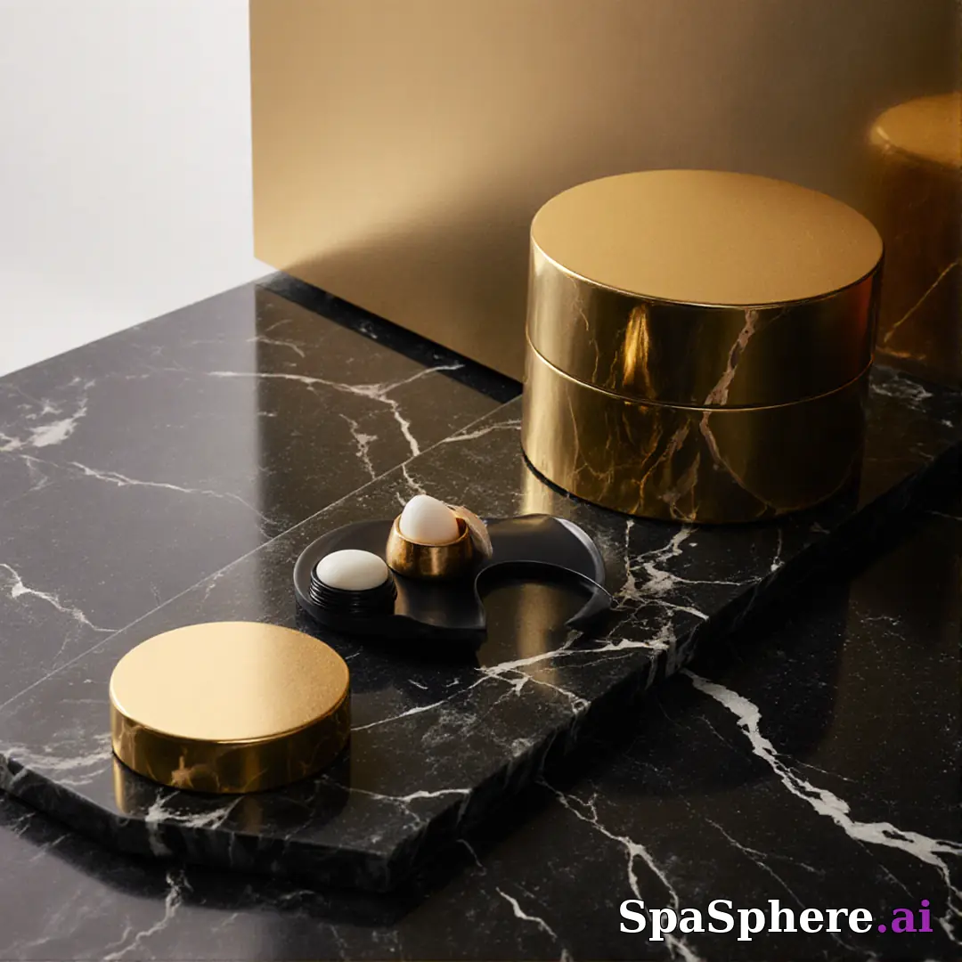 Black marble and gold accent spa flatlay – luxury aesthetic for high-end facials. (12) [1080x1080]