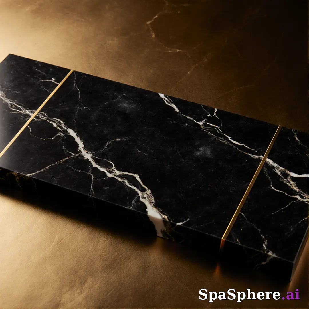 Black marble and gold accent spa flatlay – luxury aesthetic for high-end facials. (03) [1080x1080]