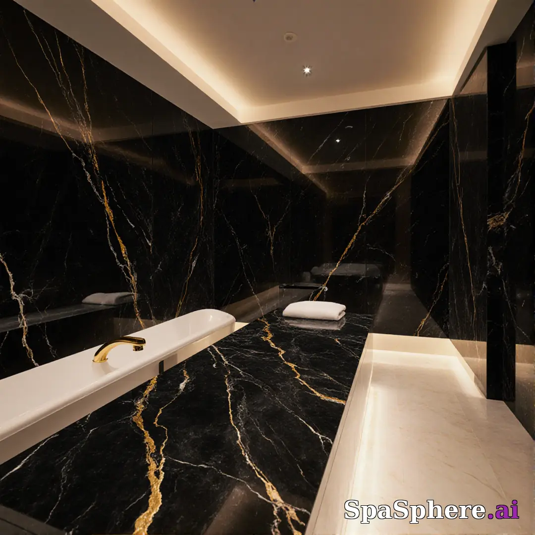 Black marble and gold accent spa flatlay – luxury aesthetic for high-end facials. (04) [1080x1080]