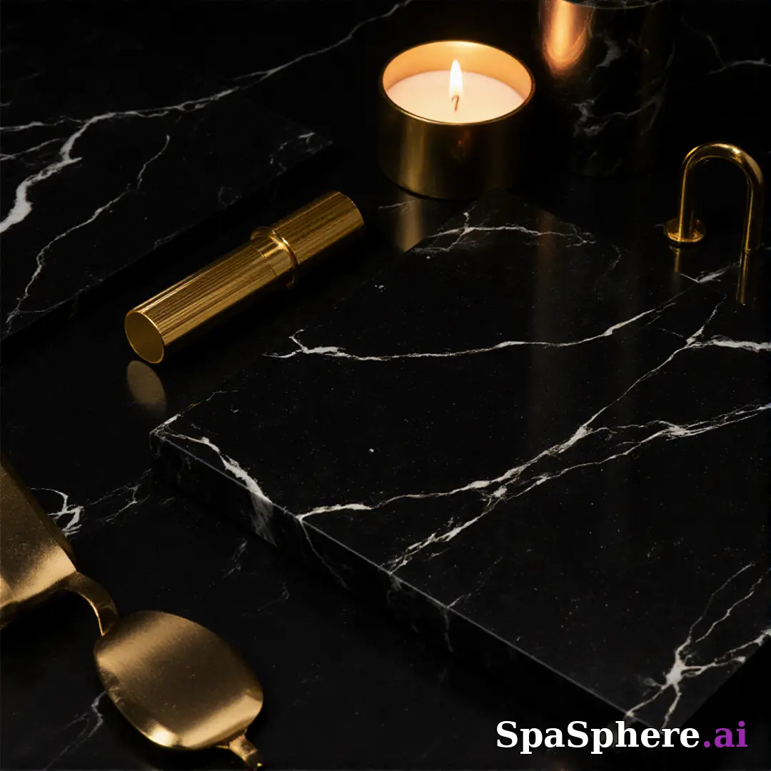 Black marble and gold accent spa flatlay – luxury aesthetic for high-end facials. (05) [1080x1080]