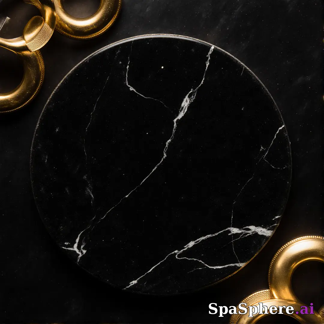 Black marble and gold accent spa flatlay – luxury aesthetic for high-end facials. (07) [1080x1080]