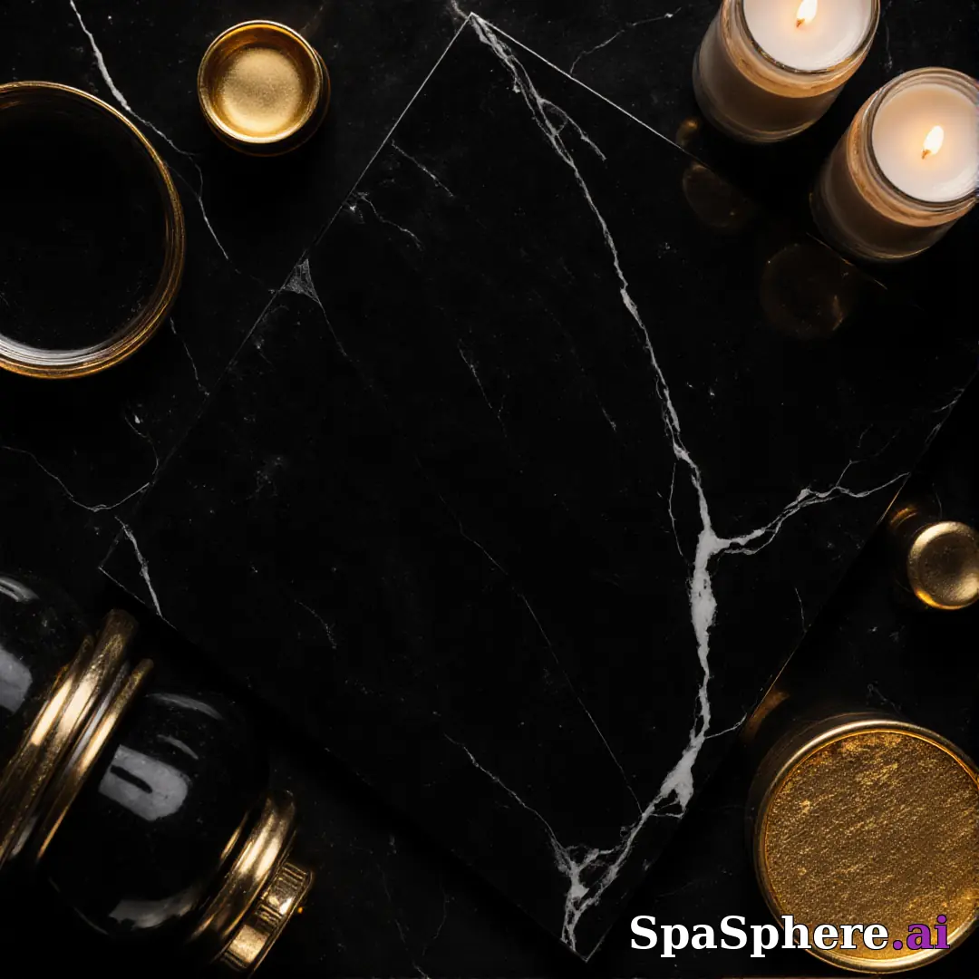 Black marble and gold accent spa flatlay – luxury aesthetic for high-end facials. (09) [1080x1080]