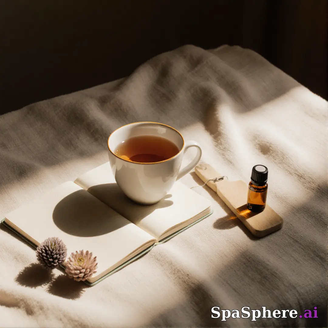 Holistic spa flatlay – tea, oils, and calm setup for mindfulness content. (01) [1080x1080]