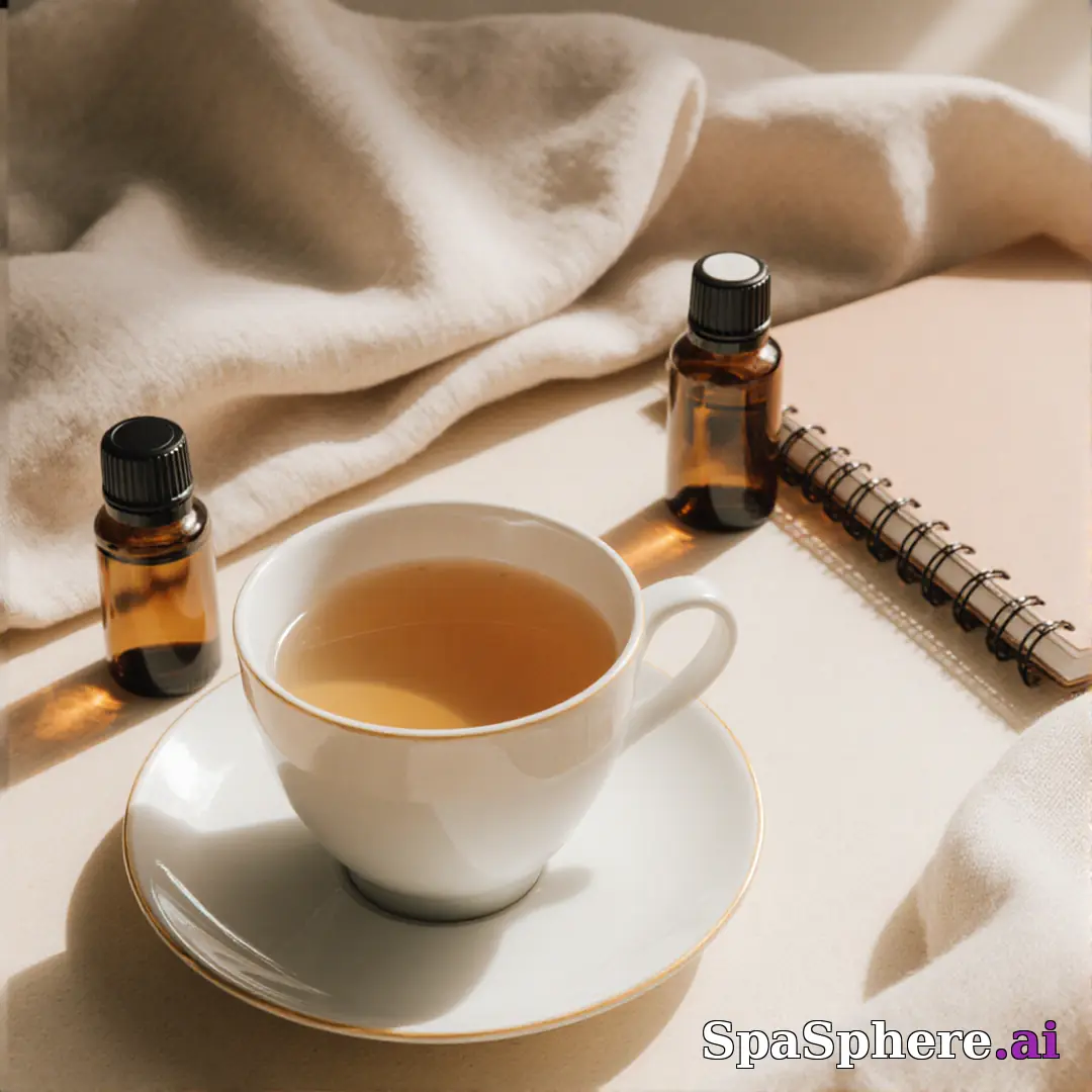 Holistic spa flatlay – tea, oils, and calm setup for mindfulness content. (04) [1080x1080]