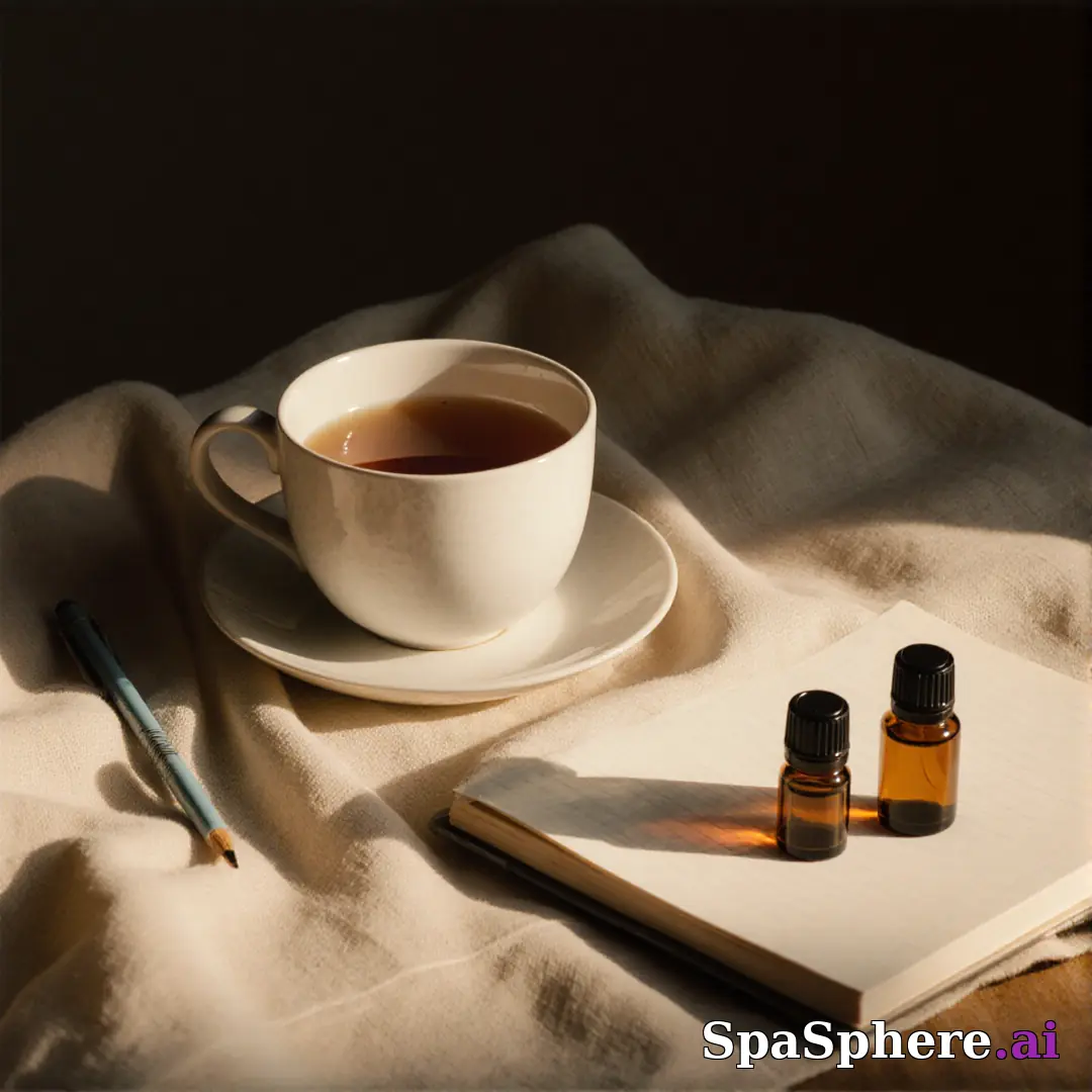 Holistic spa flatlay – tea, oils, and calm setup for mindfulness content. (05) [1080x1080]