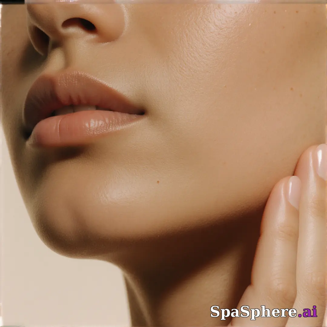 Olive skin close-up with soft neutral light and gentle jawline touch, balanced spa editorial lighting. (10) [1080x1080]