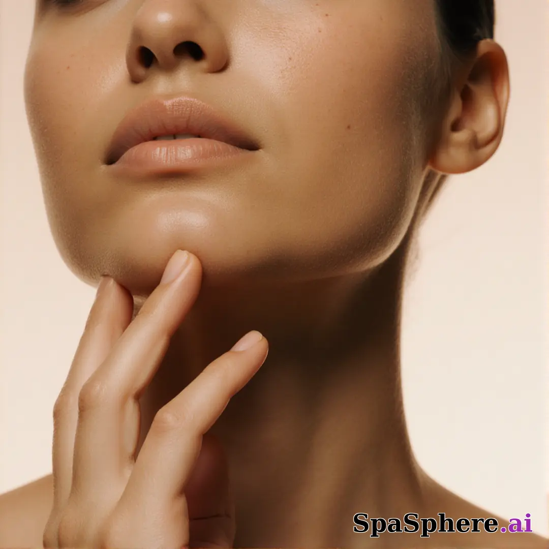 Olive skin close-up with soft neutral light and gentle jawline touch, balanced spa editorial lighting. (11) [1080x1080]