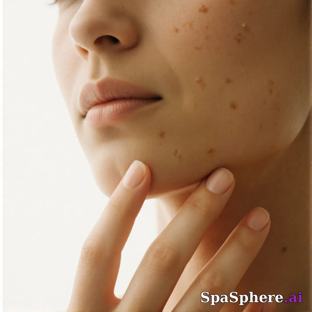 Olive skin close-up with soft neutral light and gentle jawline touch, balanced spa editorial lighting. (12) [1080x1080]