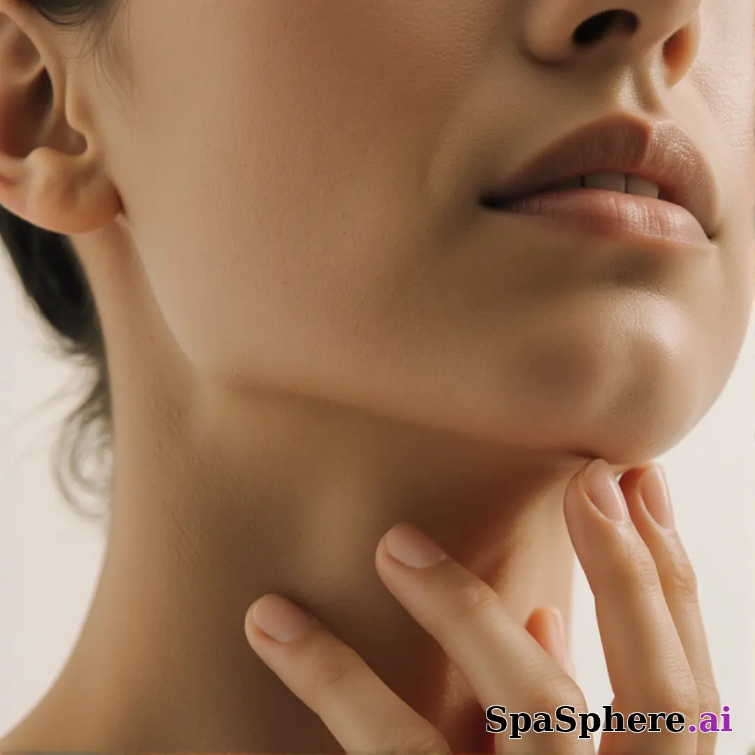 Olive skin close-up with soft neutral light and gentle jawline touch, balanced spa editorial lighting. (16) [1080x1080]