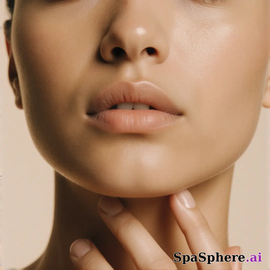 Olive skin close-up with soft neutral light and gentle jawline touch, balanced spa editorial lighting. (17) [1080x1080]