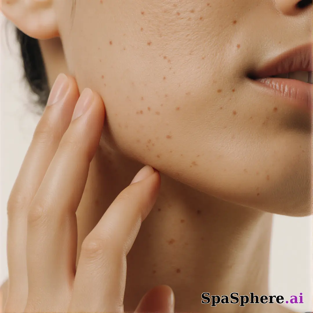 Olive skin close-up with soft neutral light and gentle jawline touch, balanced spa editorial lighting. (19) [1080x1080]