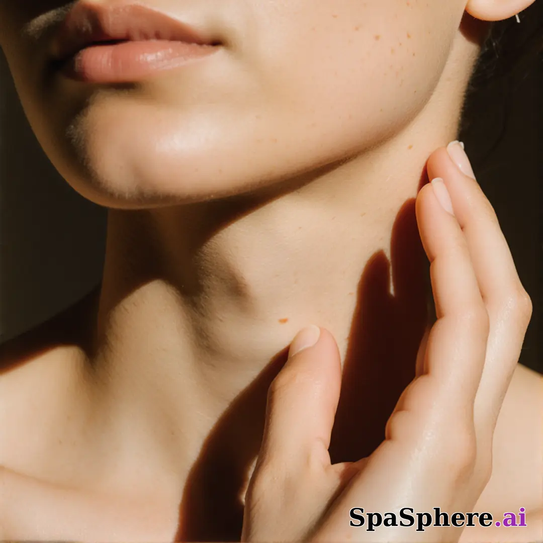 Olive skin close-up with soft neutral light and gentle jawline touch, balanced spa editorial lighting. (02) [1080x1080]