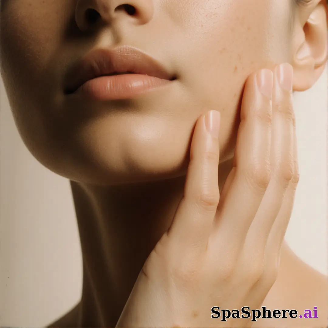 Olive skin close-up with soft neutral light and gentle jawline touch, balanced spa editorial lighting. (21) [1080x1080]