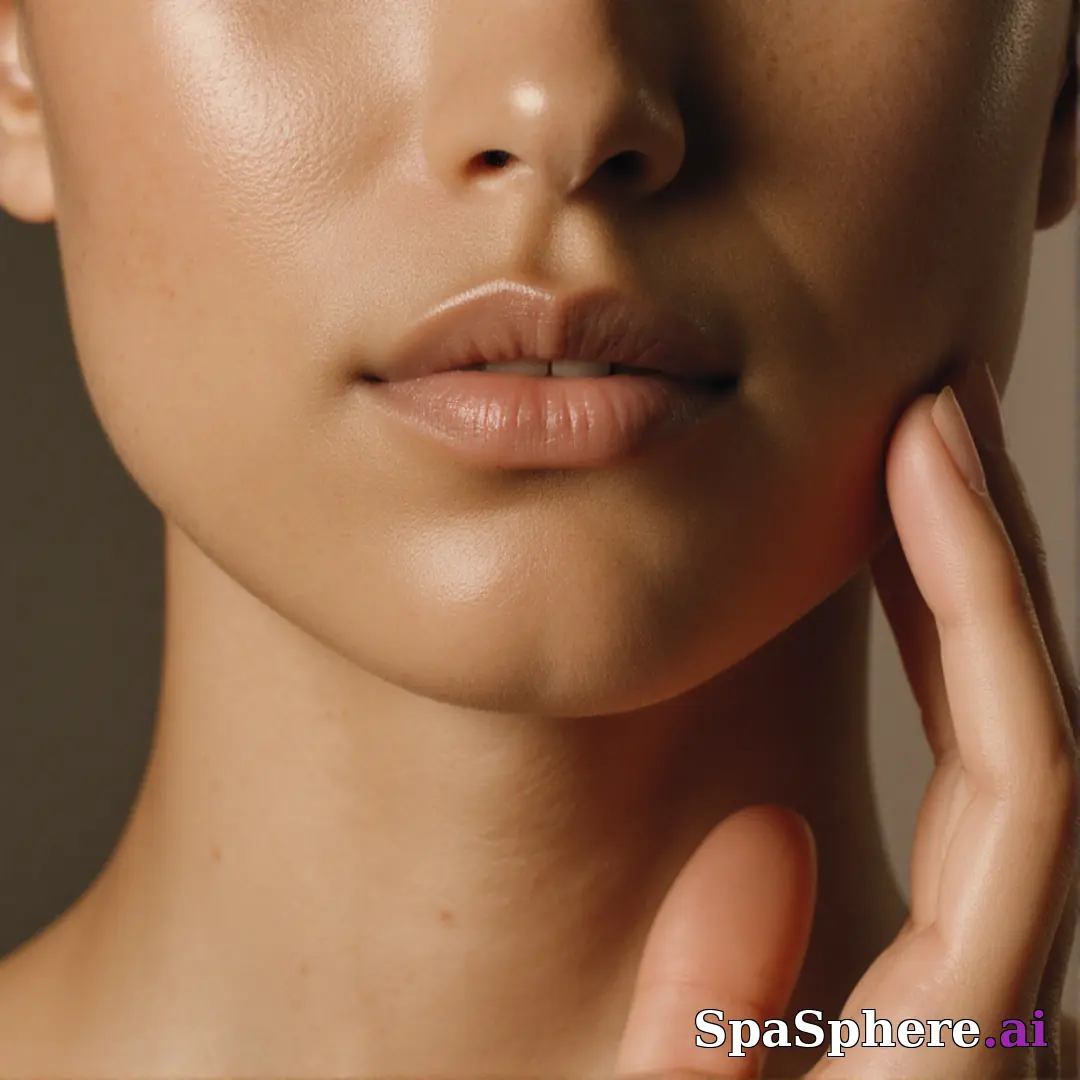 Olive skin close-up with soft neutral light and gentle jawline touch, balanced spa editorial lighting. (22) [1080x1080]