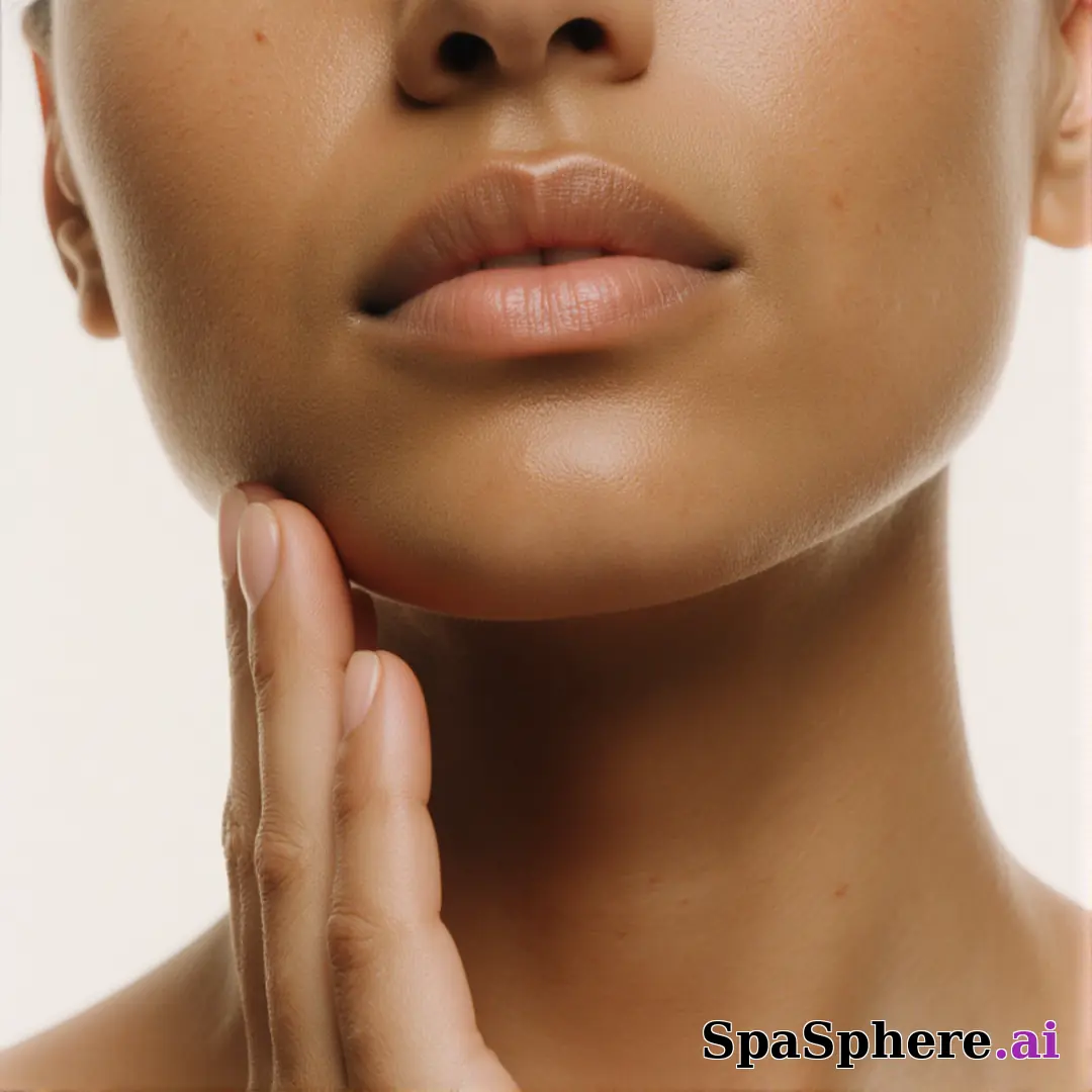 Olive skin close-up with soft neutral light and gentle jawline touch, balanced spa editorial lighting. (23) [1080x1080]