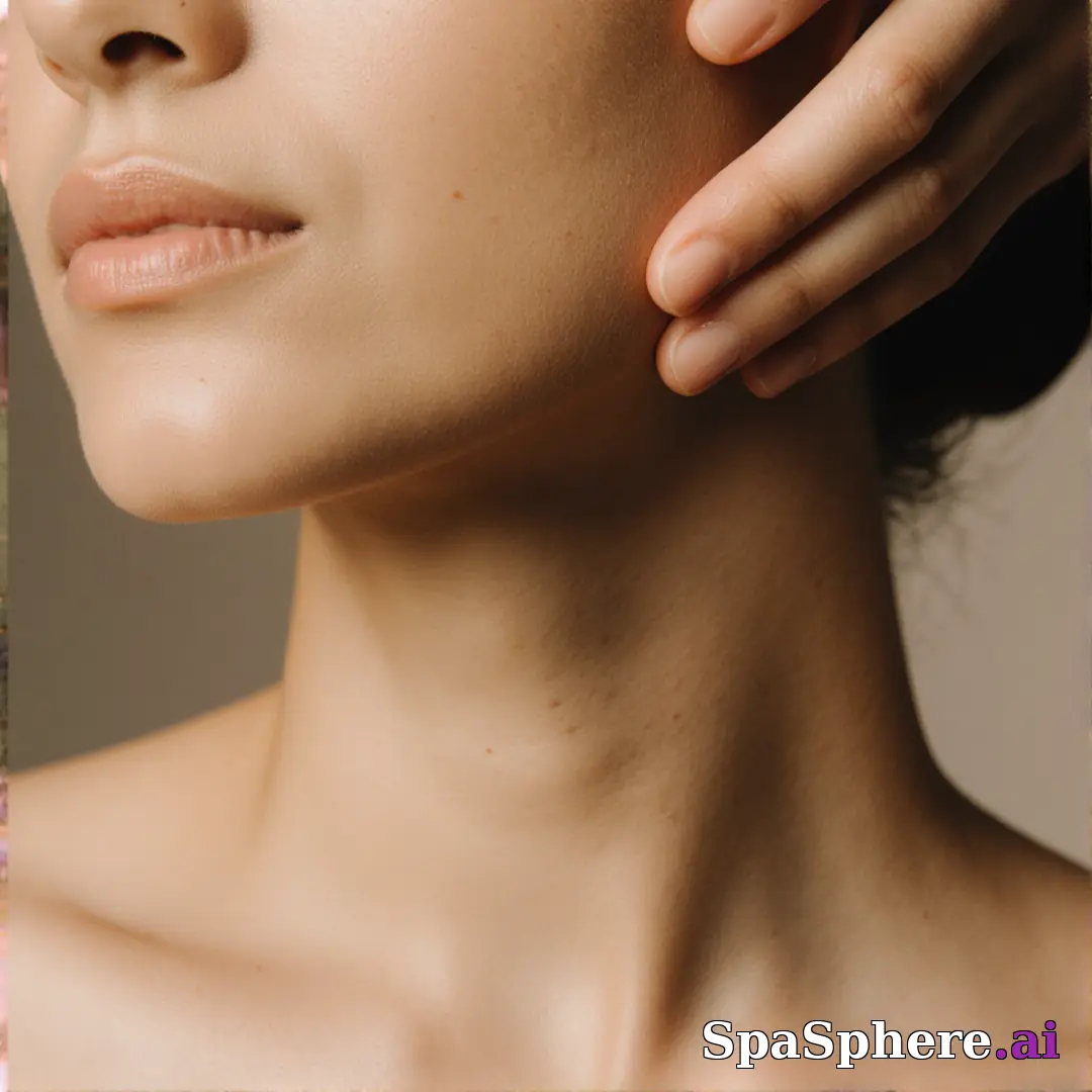 Olive skin close-up with soft neutral light and gentle jawline touch, balanced spa editorial lighting. (03) [1080x1080]