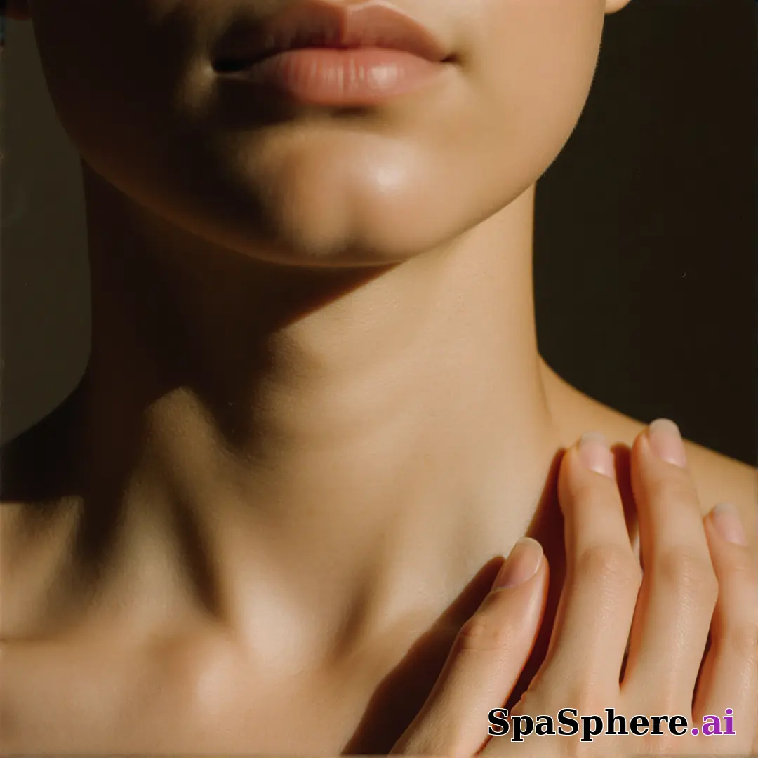 Olive skin close-up with soft neutral light and gentle jawline touch, balanced spa editorial lighting. (05) [1080x1080]