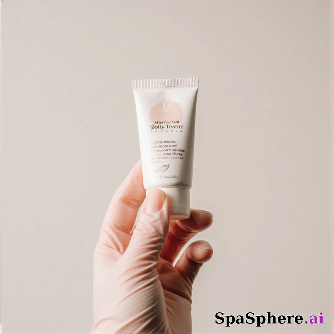 Gloved hand holding an unbranded soothing cream tube with gentle clinical lighting and copy space for aftercare steps. (10) [1080x1080]