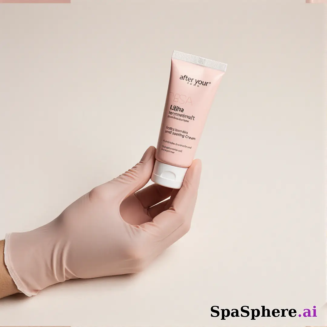Gloved hand holding an unbranded soothing cream tube with gentle clinical lighting and copy space for aftercare steps. (14) [1080x1080]