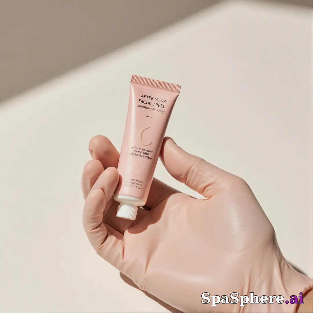 Gloved hand holding an unbranded soothing cream tube with gentle clinical lighting and copy space for aftercare steps. (18) [1080x1080]