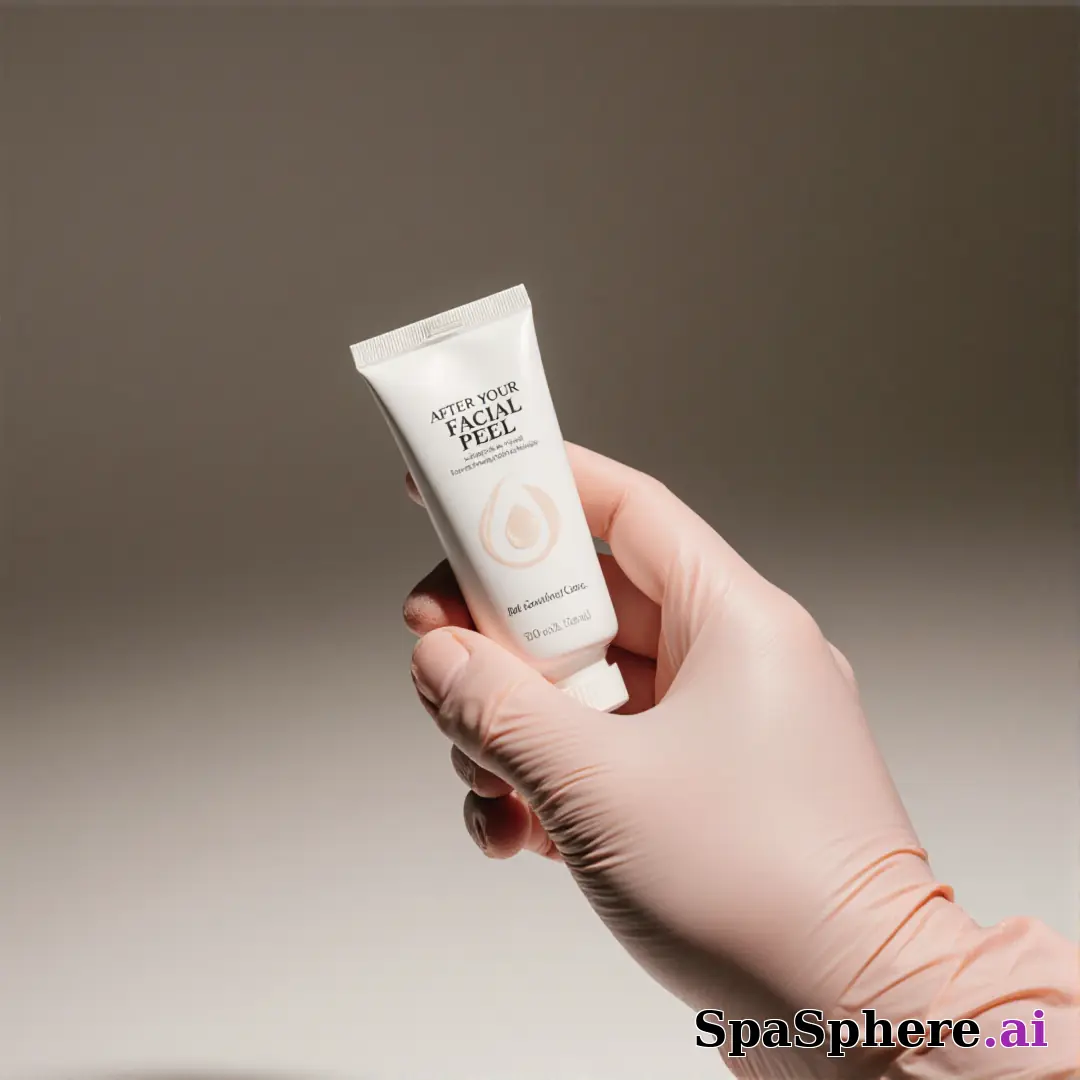 Gloved hand holding an unbranded soothing cream tube with gentle clinical lighting and copy space for aftercare steps. (05) [1080x1080]