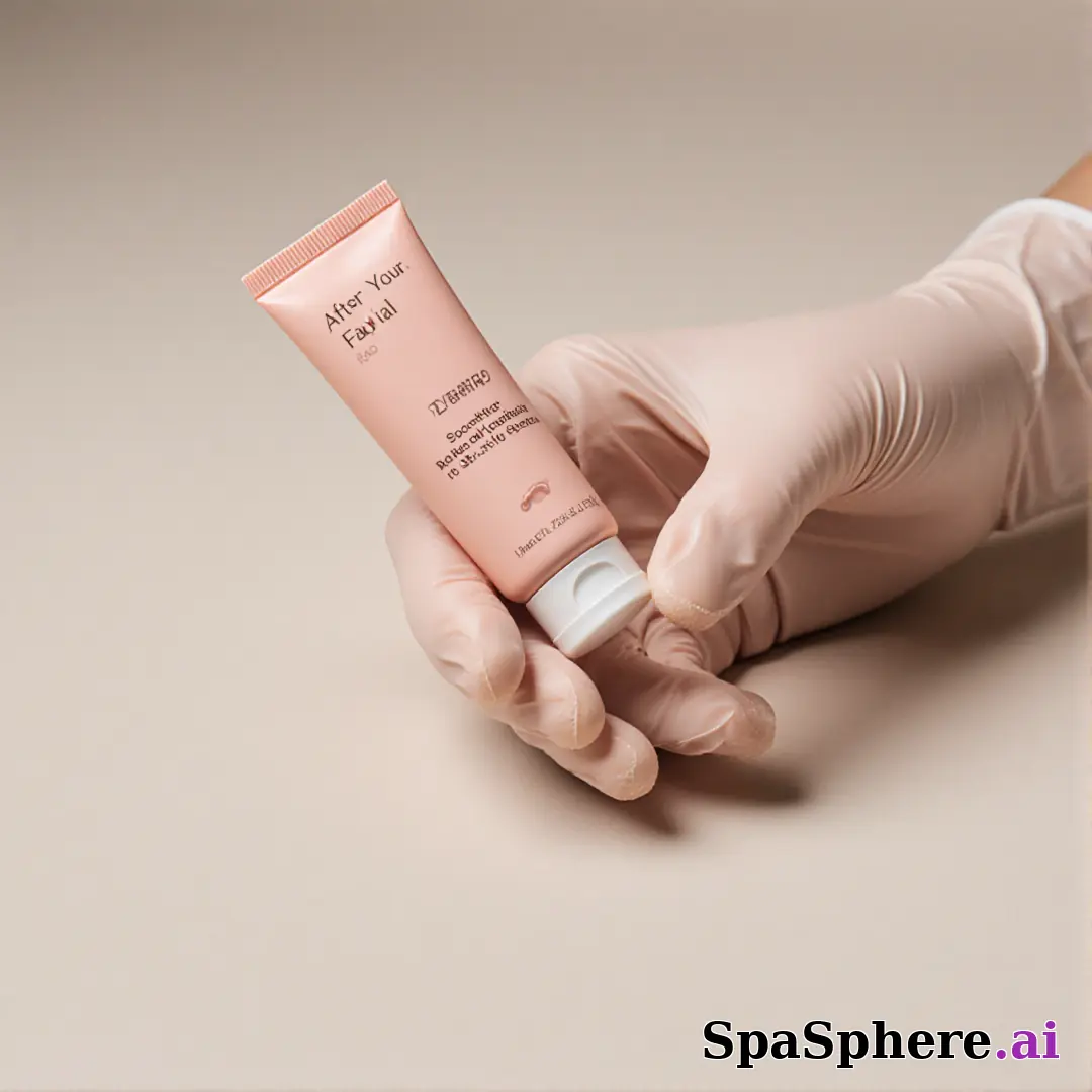 Gloved hand holding an unbranded soothing cream tube with gentle clinical lighting and copy space for aftercare steps. (06) [1080x1080]