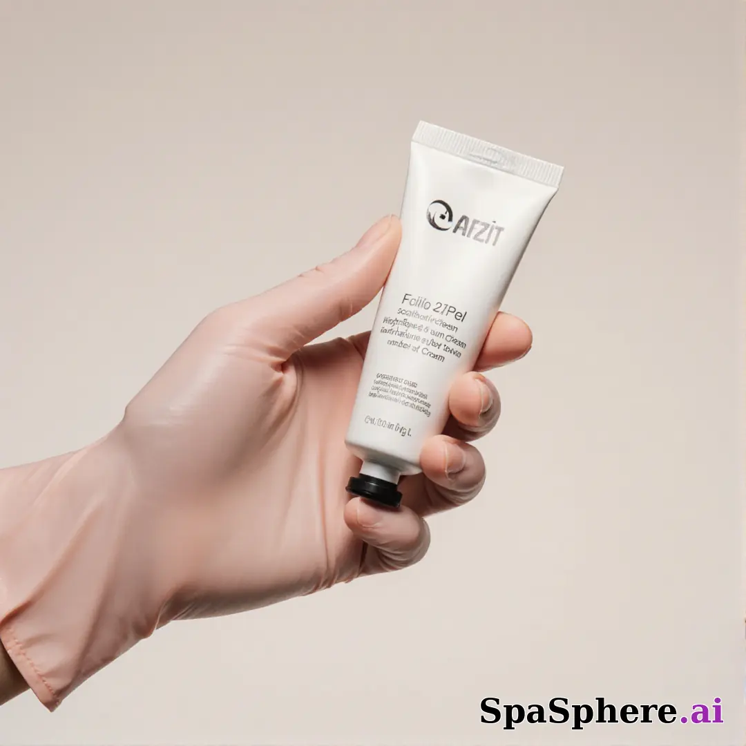 Gloved hand holding an unbranded soothing cream tube with gentle clinical lighting and copy space for aftercare steps. (08) [1080x1080]
