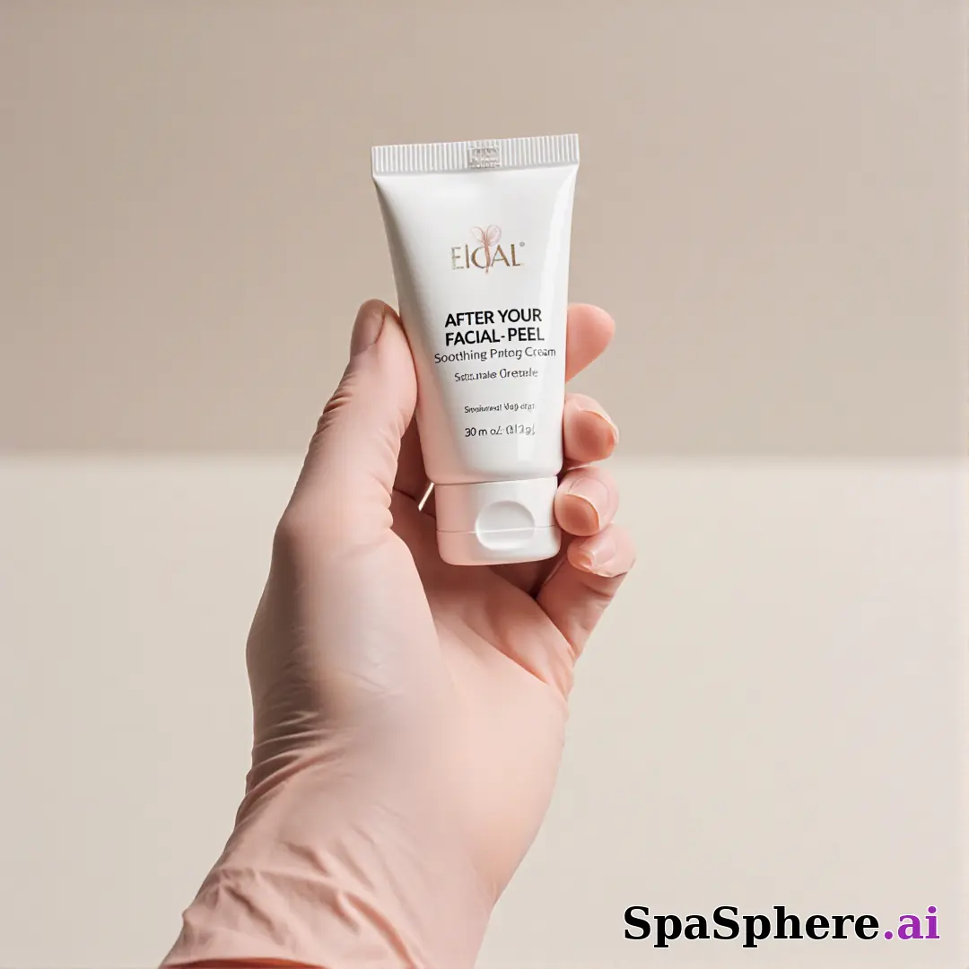 Gloved hand holding an unbranded soothing cream tube with gentle clinical lighting and copy space for aftercare steps. (09) [1080x1080]