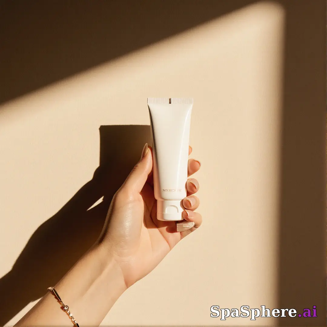 Hand holding a blank skincare tube in warm sunlight with a soft angled shadow on a neutral wall. (18) [1080x1080]