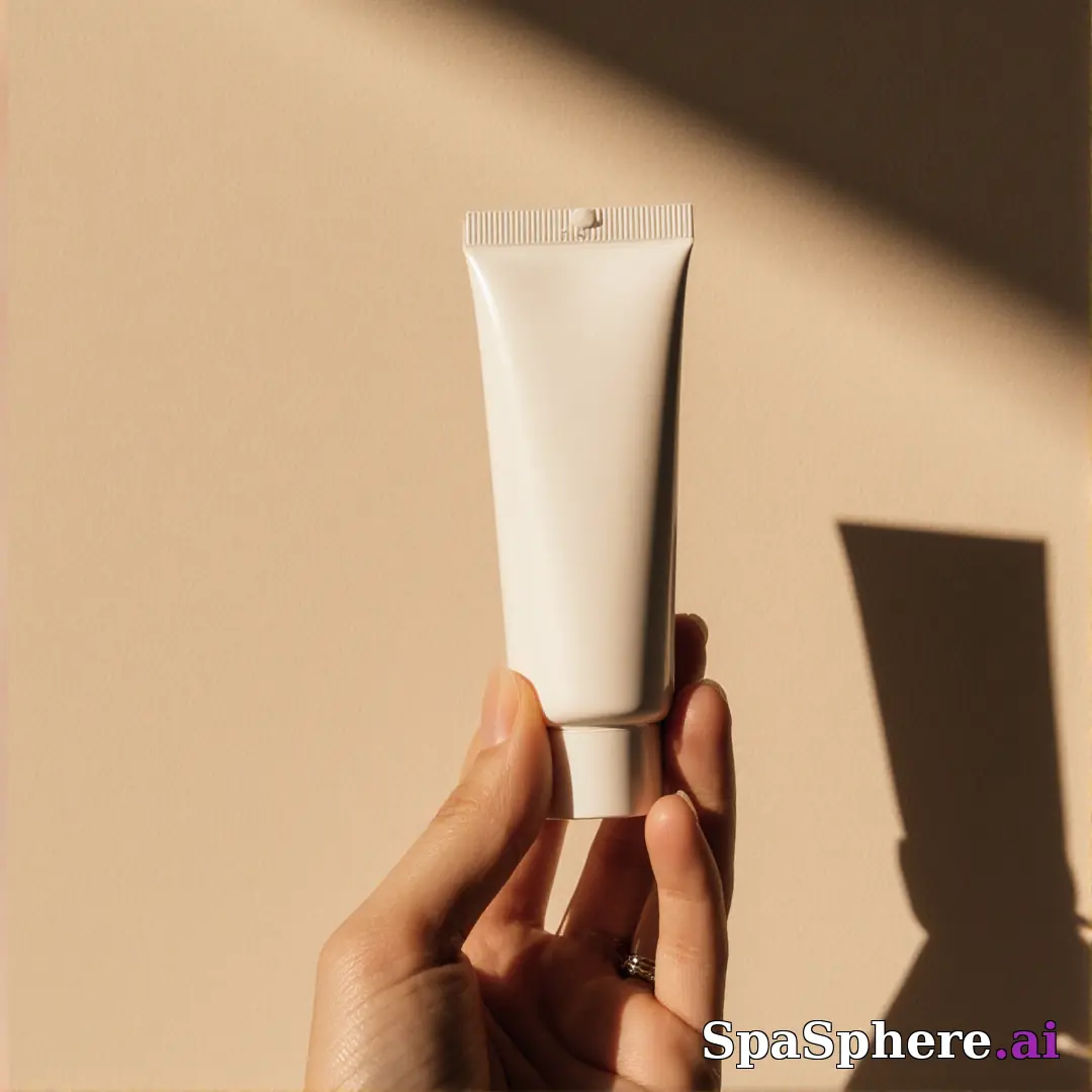 Hand holding a blank skincare tube in warm sunlight with a soft angled shadow on a neutral wall. (19) [1080x1080]