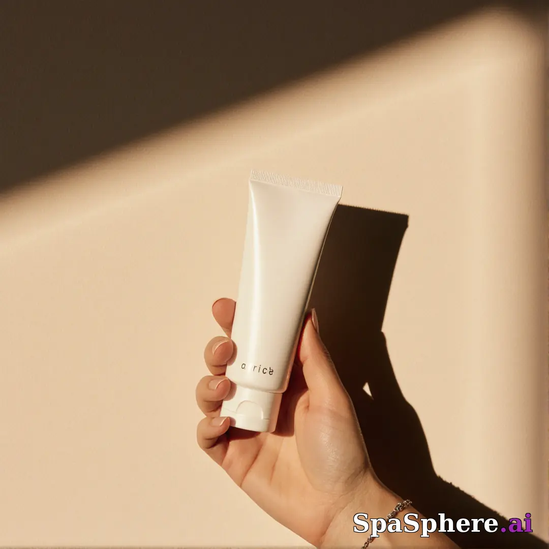 Hand holding a blank skincare tube in warm sunlight with a soft angled shadow on a neutral wall. (23) [1080x1080]