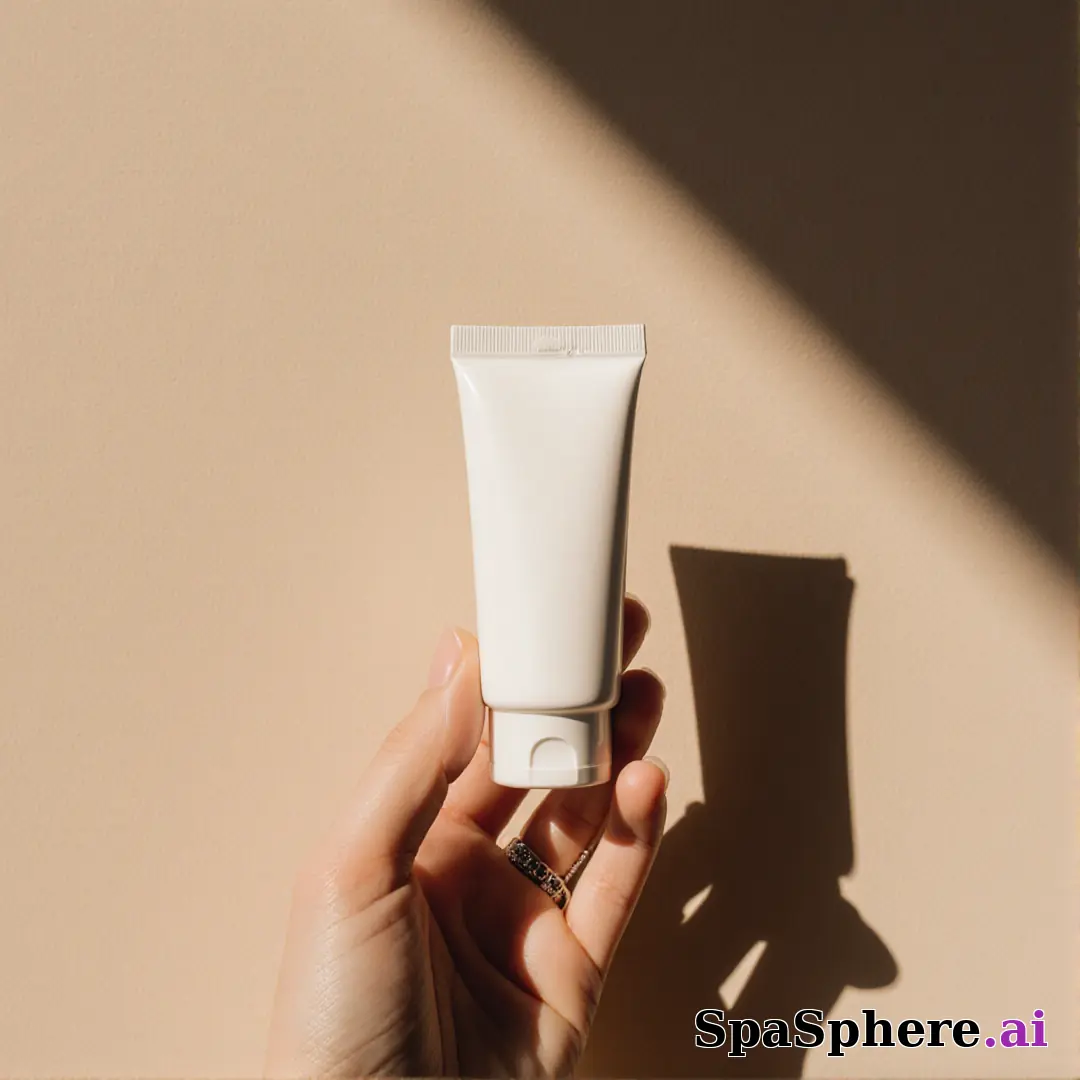 Hand holding a blank skincare tube in warm sunlight with a soft angled shadow on a neutral wall. (03) [1080x1080]